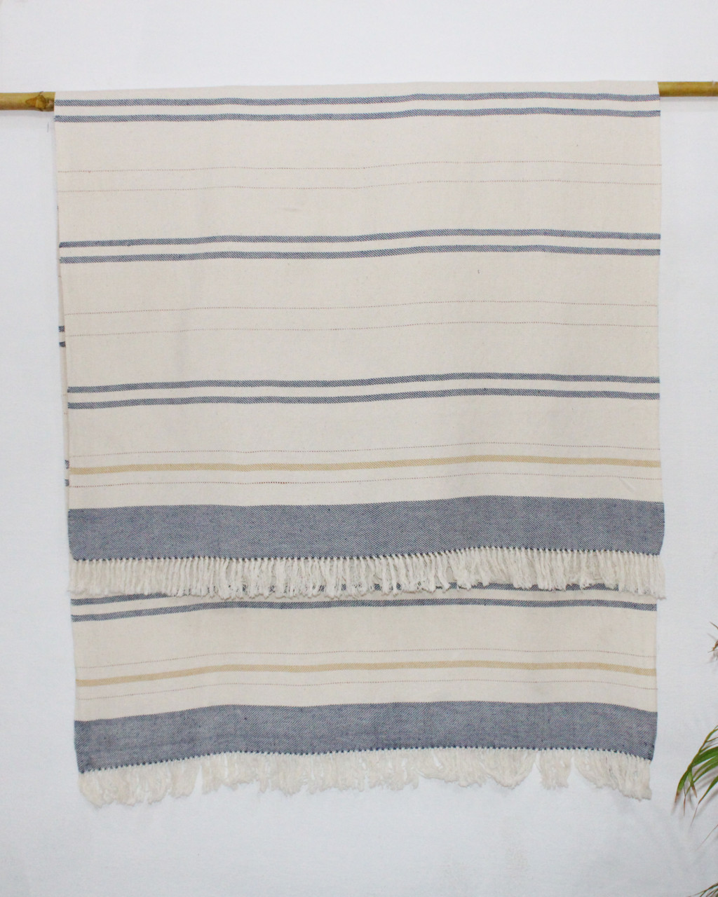 (1614) Cotton and kala cotton Azo-free dyed Kutchy towel from Kutch - Off white, indigo, red, stripes, pinstripes, twill