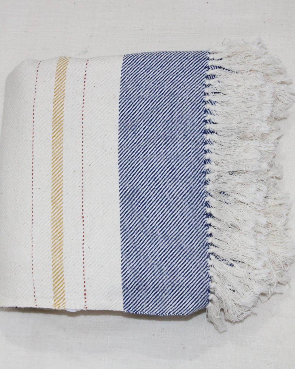 (1614) Cotton and kala cotton Azo-free dyed Kutchy towel from Kutch - Off white, indigo, red, stripes, pinstripes, twill