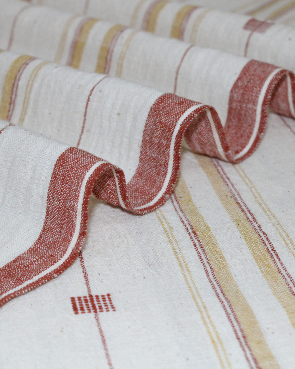 (1956) Kala cotton Azo-free dyed Kutchy yardage from Kutch with motifs and extra-weft - White, red, mustard, stripes, motif, mauve