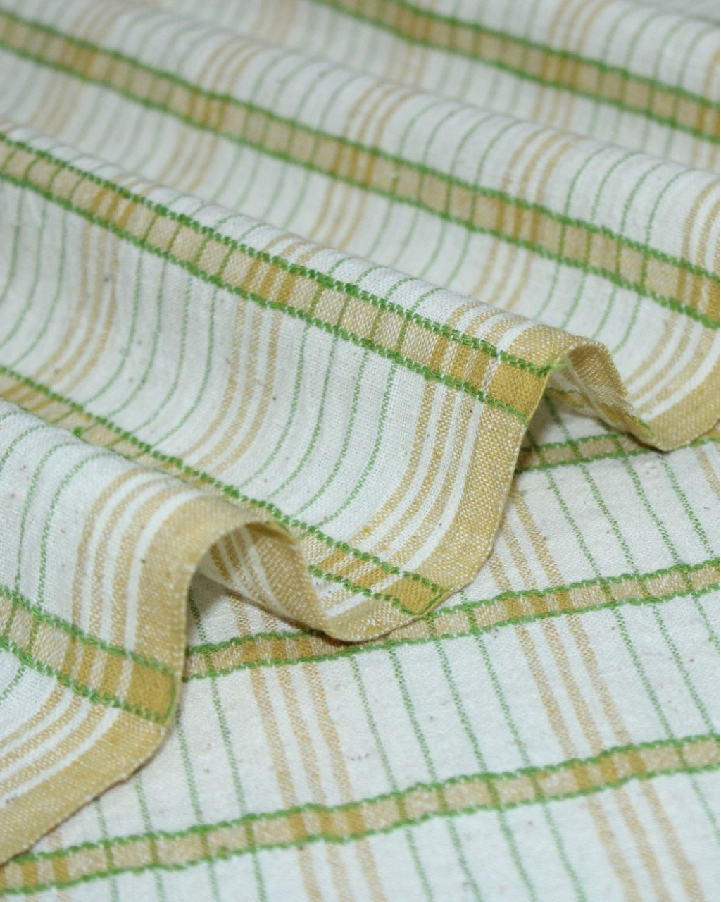 (2124) Kala cotton Azo-free dyed Kutchy yardage from Kutch with extra-weft - Green, yellow, white, stripes, textured
