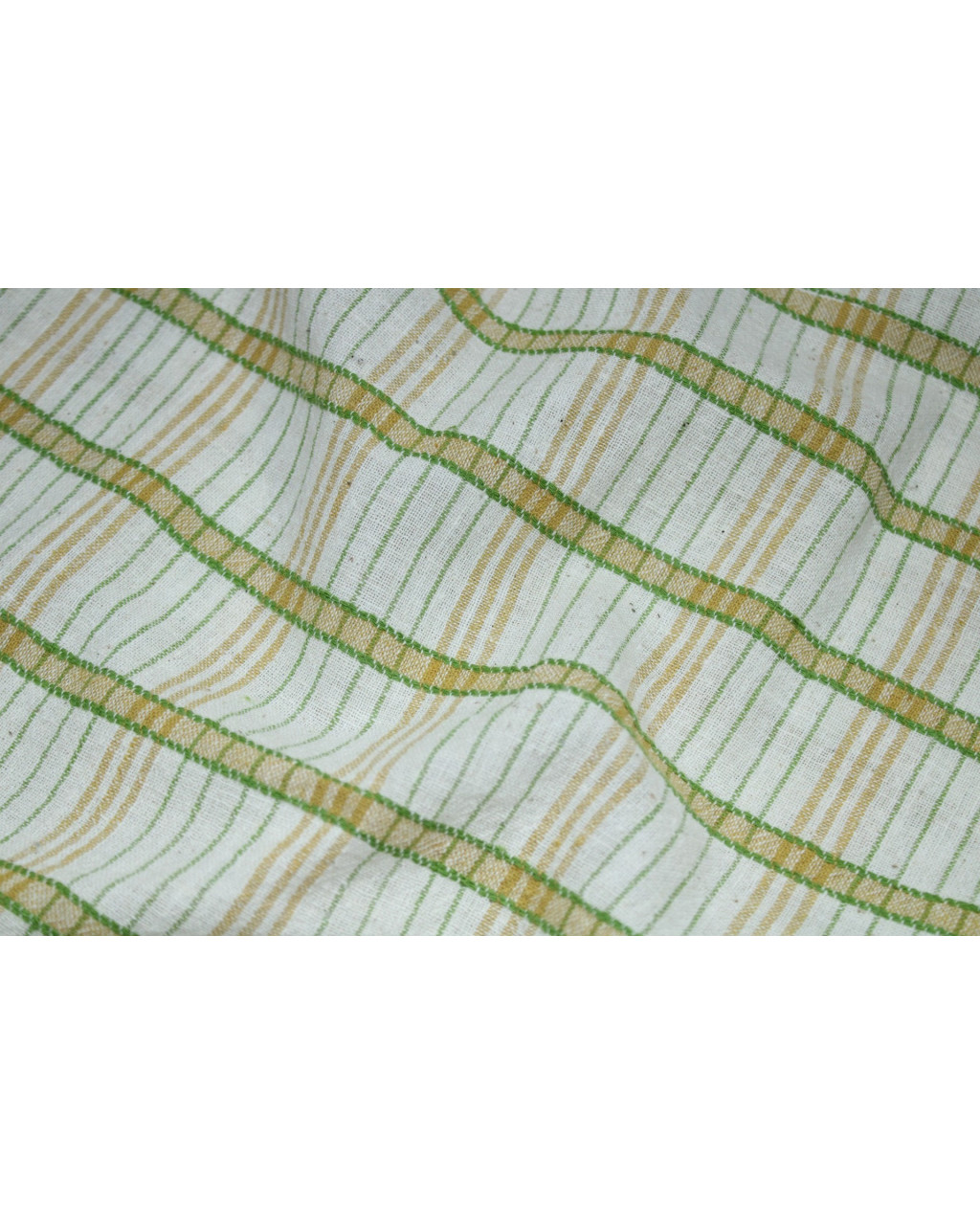 (2124) Kala cotton Azo-free dyed Kutchy yardage from Kutch with extra-weft - Green, yellow, white, stripes, textured