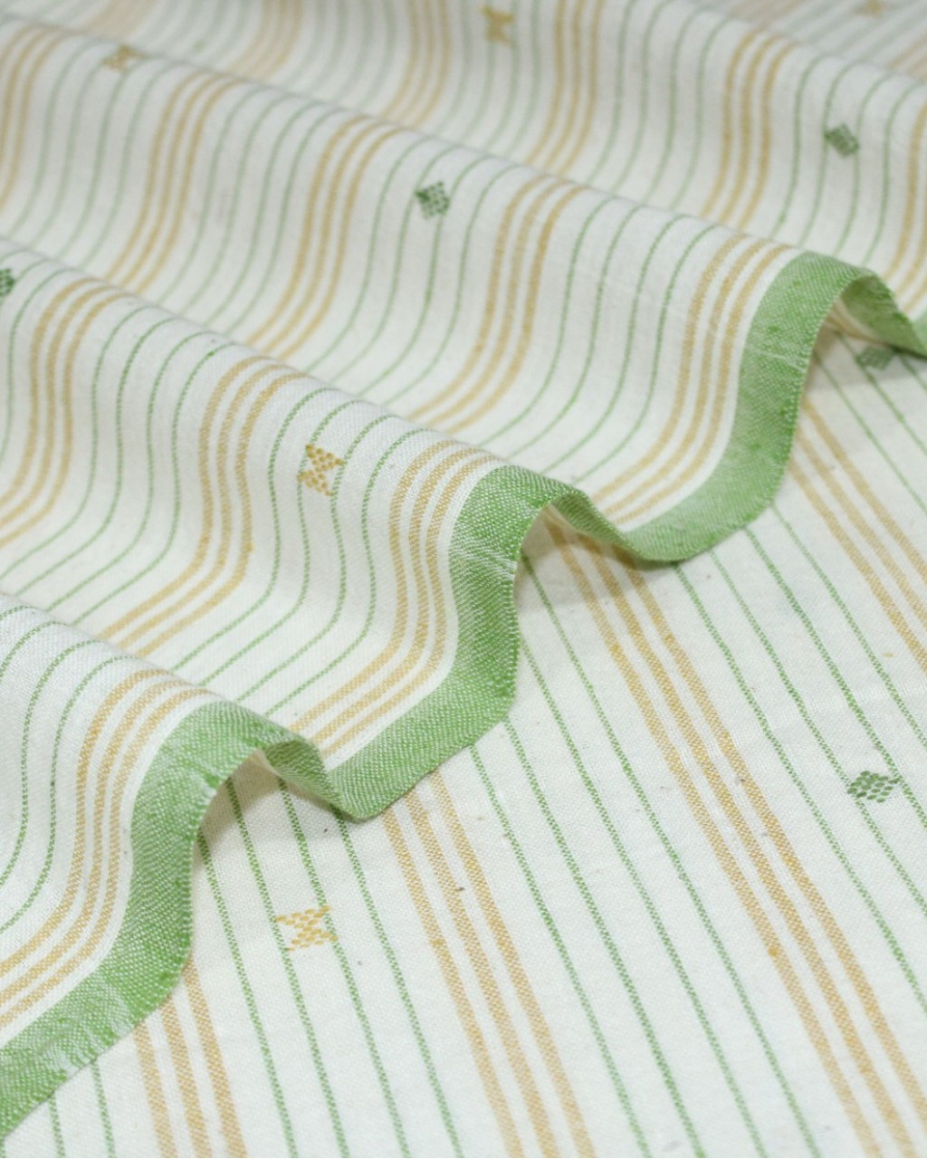 (2128) Kala cotton Azo-free dyed Kutchy yardage from Kutch with kala cotton extra-weft and kala cotton extra-weft - Green, yellow, white, motif, stripes