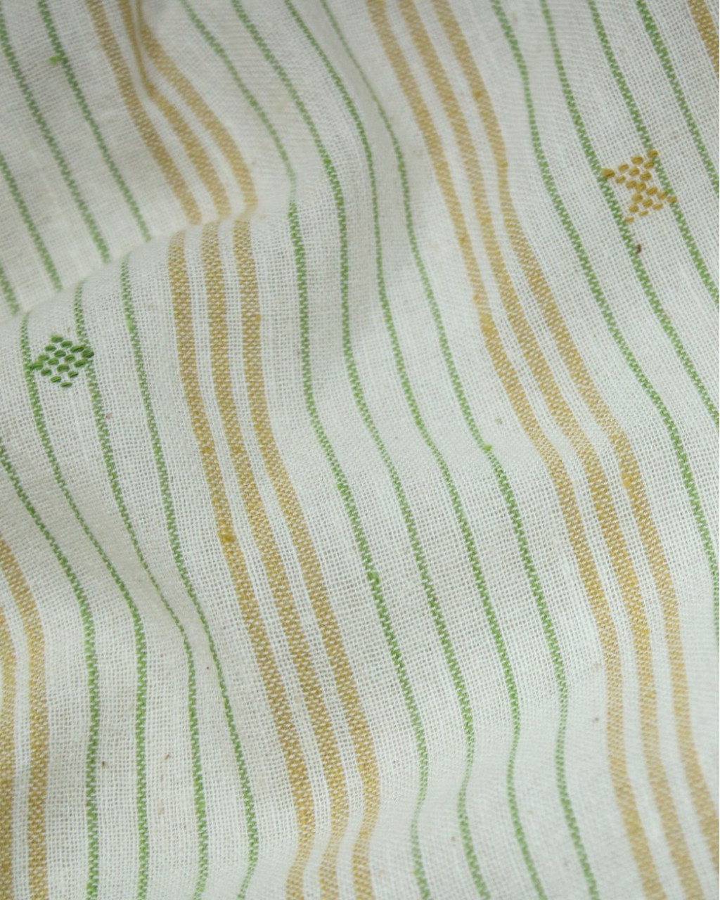 (2128) Kala cotton Azo-free dyed Kutchy yardage from Kutch with kala cotton extra-weft and kala cotton extra-weft - Green, yellow, white, motif, stripes