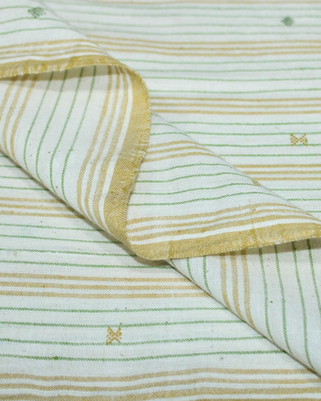 (2128) Kala cotton Azo-free dyed Kutchy yardage from Kutch with kala cotton extra-weft and kala cotton extra-weft - Green, yellow, white, motif, stripes