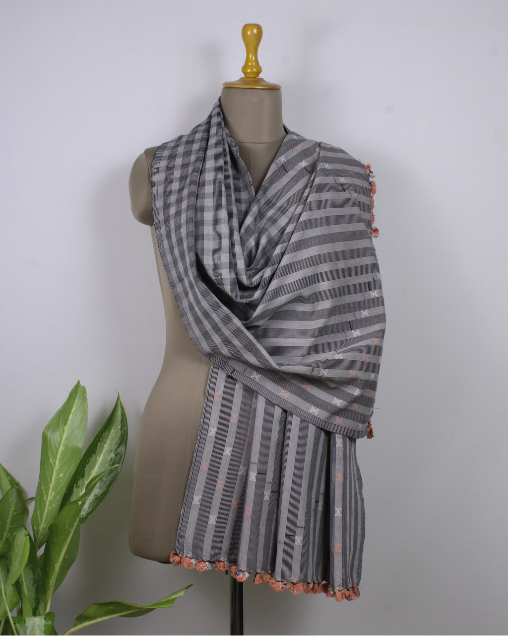 (2153) Cotton Azo-free dyed Kutchy stole from Kutch with cotton motifs and cotton motifs - Grey, black, white, stripes, motif, pompoms