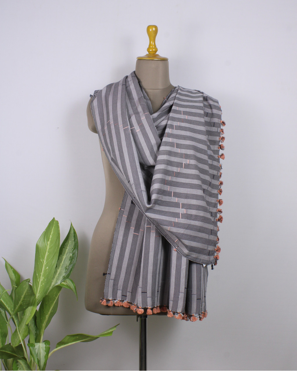 (2154) Cotton Azo-free dyed Kutchy stole from Kutch with cotton extra-weft - Grey, white, orange, black, pompoms, stripes, textured