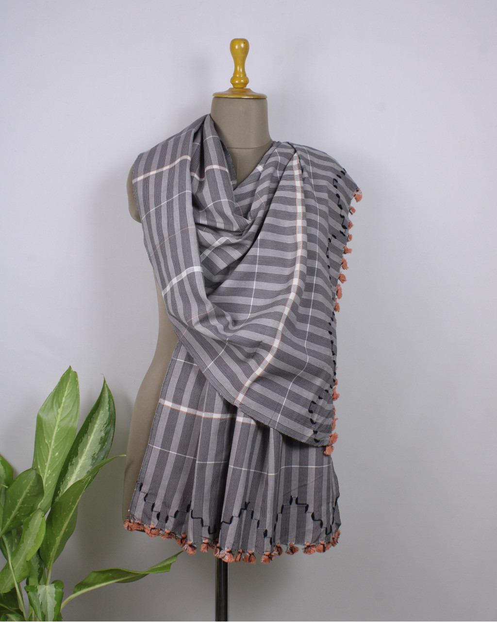 (2162) Cotton Azo-free dyed Kutchy stole from Kutch with cotton extra-weft - Grey, white, black, stripes, orange, textured, pompoms