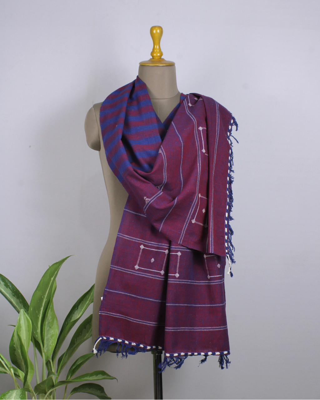(279) Cotton Azo free dyed Kutchy stole with Motif - Maroon, horizontal stripes