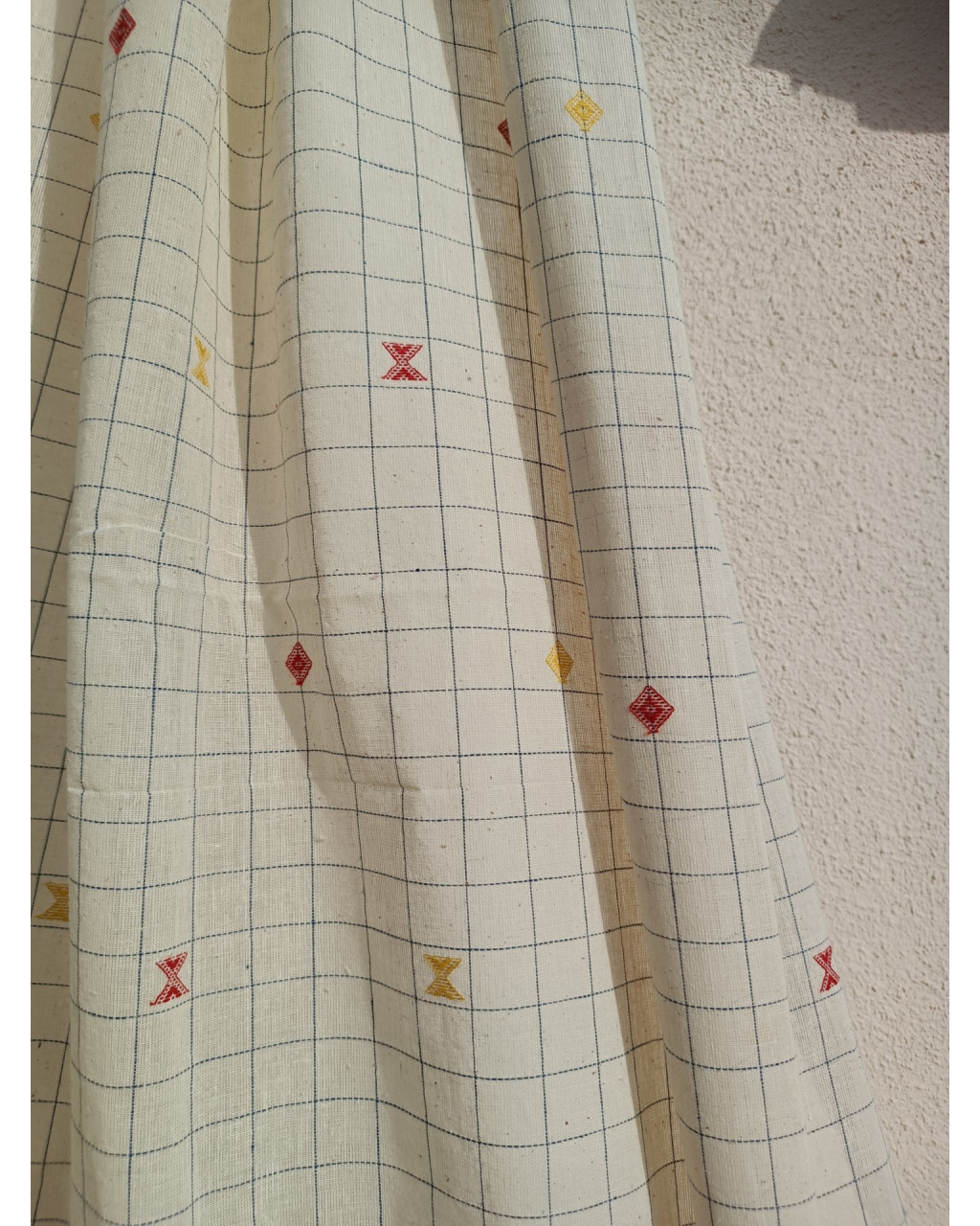 (845) Organic kala cotton Azo-free dyed Kutchy yardage from Kutch with organic kala cotton motifs and organic kala cotton extra-weft - White, checks, motif, extra weft
