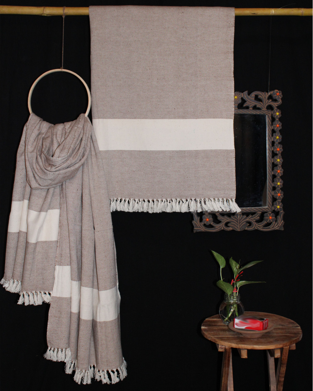 Brown and White Block Twill Handwoven Beach and Bath Pure Cotton Towel