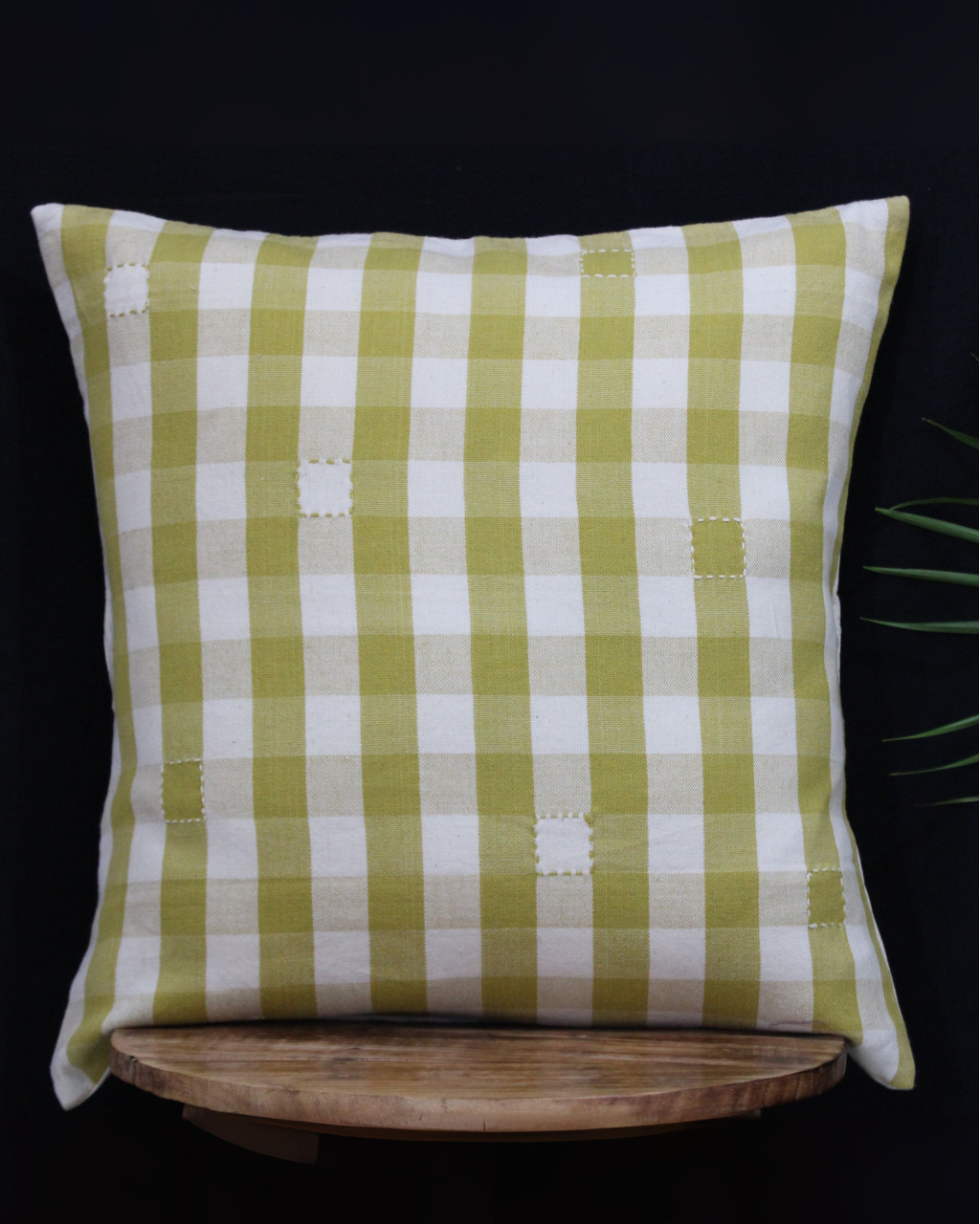 (1291) Cotton Azo-free dyed cushion cover from Maheshwar - Mustard yellow, white, checks, embroidery