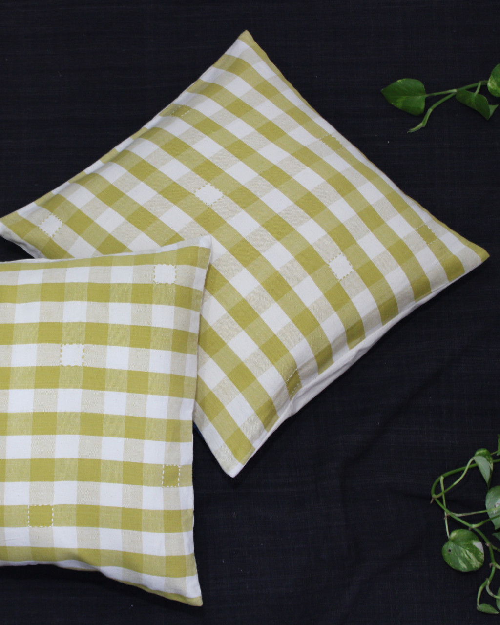 (1291) Cotton Azo-free dyed cushion cover from Maheshwar - Mustard yellow, white, checks, embroidery