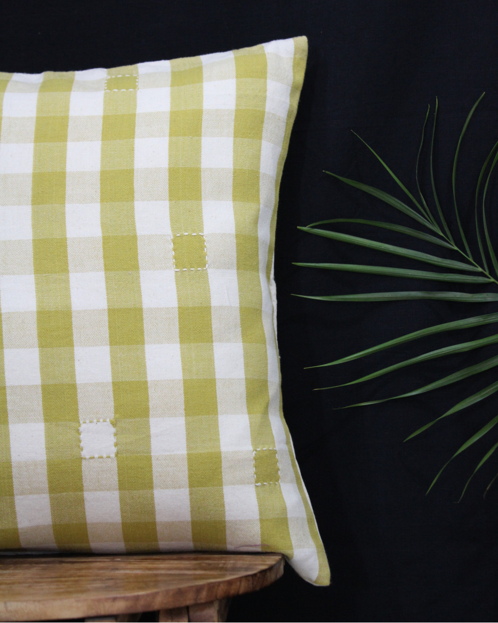 (1291) Cotton Azo-free dyed cushion cover from Maheshwar - Mustard yellow, white, checks, embroidery