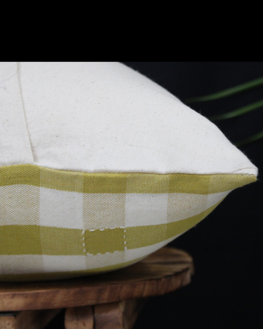 (1291) Cotton Azo-free dyed cushion cover from Maheshwar - Mustard yellow, white, checks, embroidery