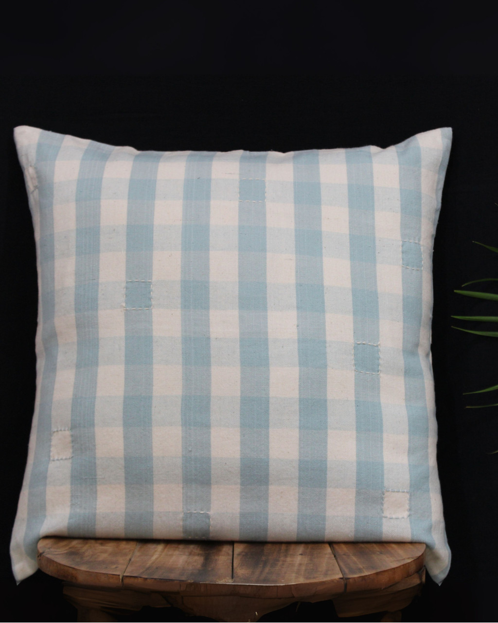 (1292) Cotton Azo-free dyed cushion cover from Maheshwar - Light green, white, checks