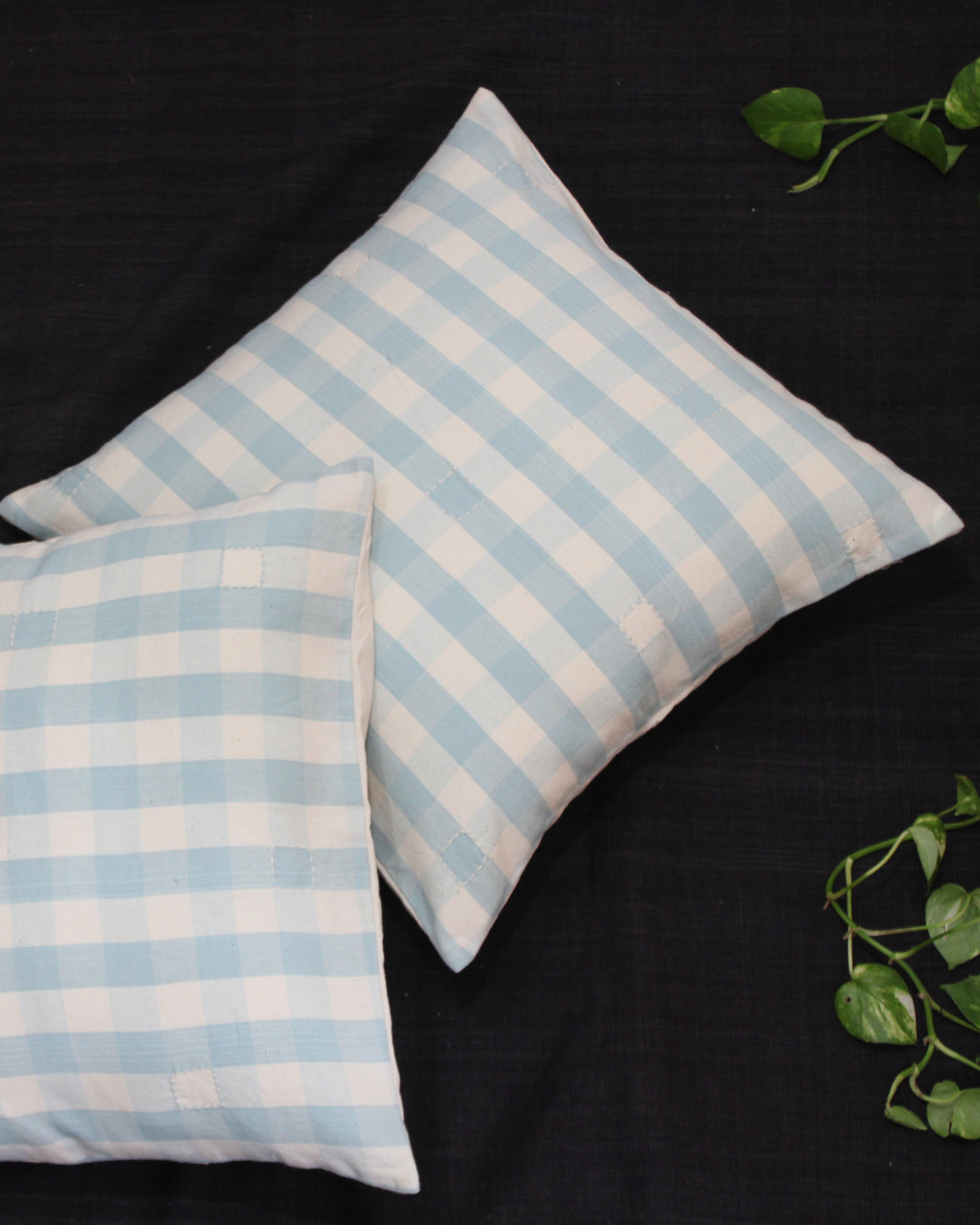 (1292) Cotton Azo-free dyed cushion cover from Maheshwar - Light green, white, checks