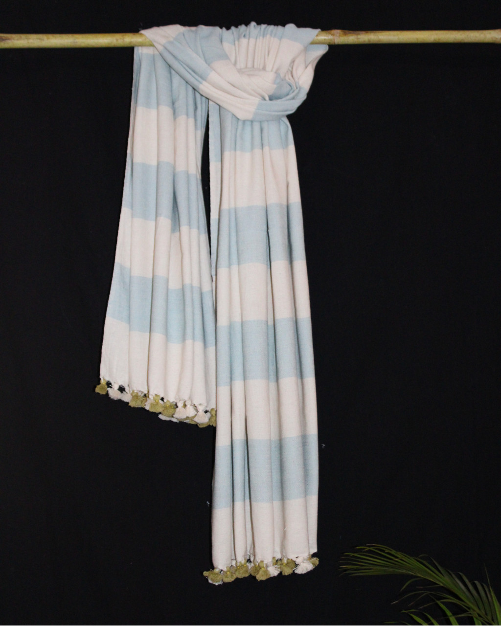 (1297) Cotton Azo-free dyed throw from Maheshwar - Sky blue, white, stripes, pompoms