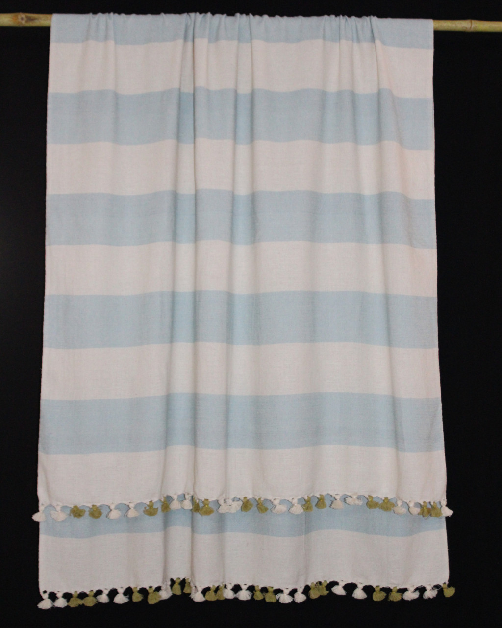 (1297) Cotton Azo-free dyed throw from Maheshwar - Sky blue, white, stripes, pompoms
