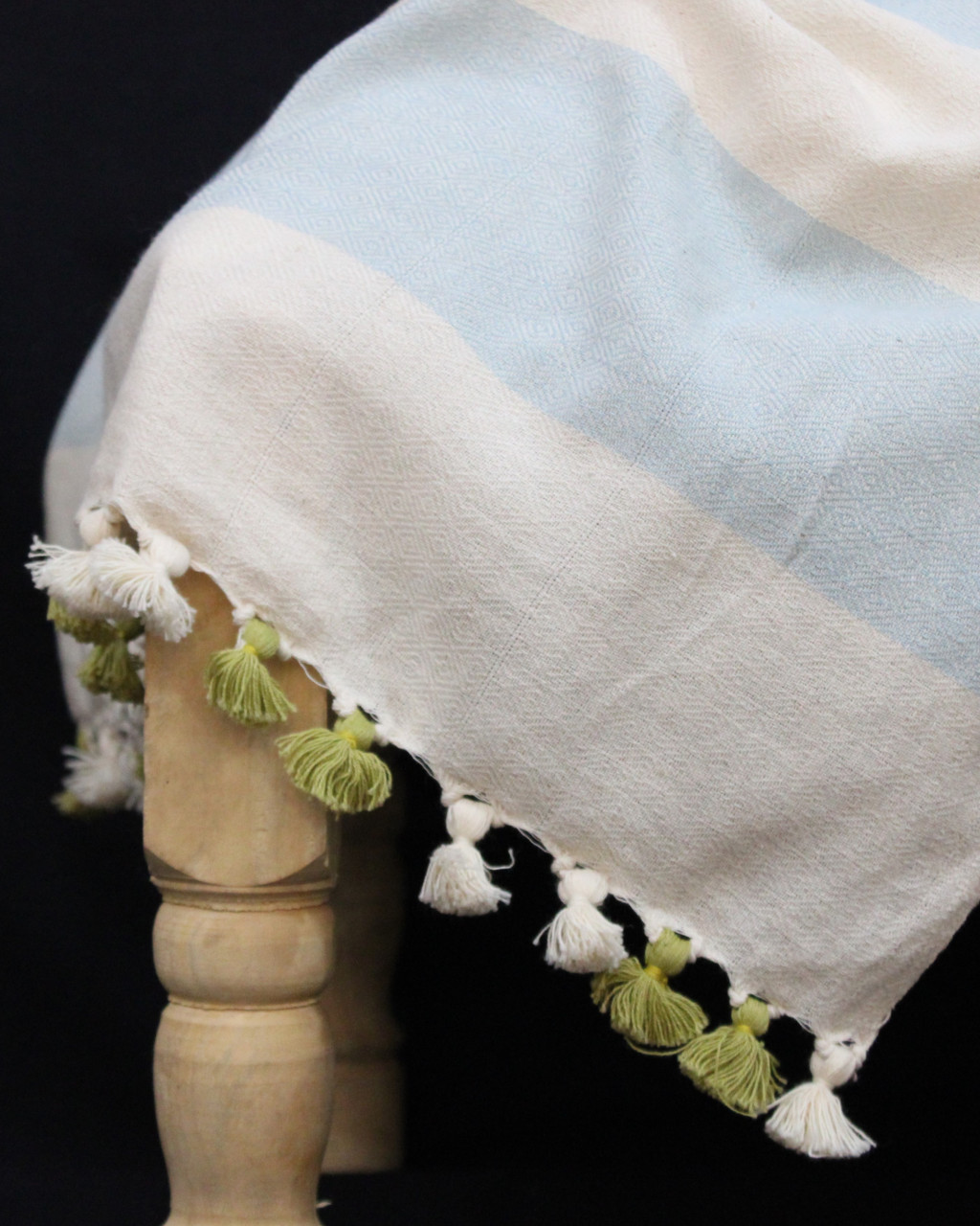 (1297) Cotton Azo-free dyed throw from Maheshwar - Sky blue, white, stripes, pompoms