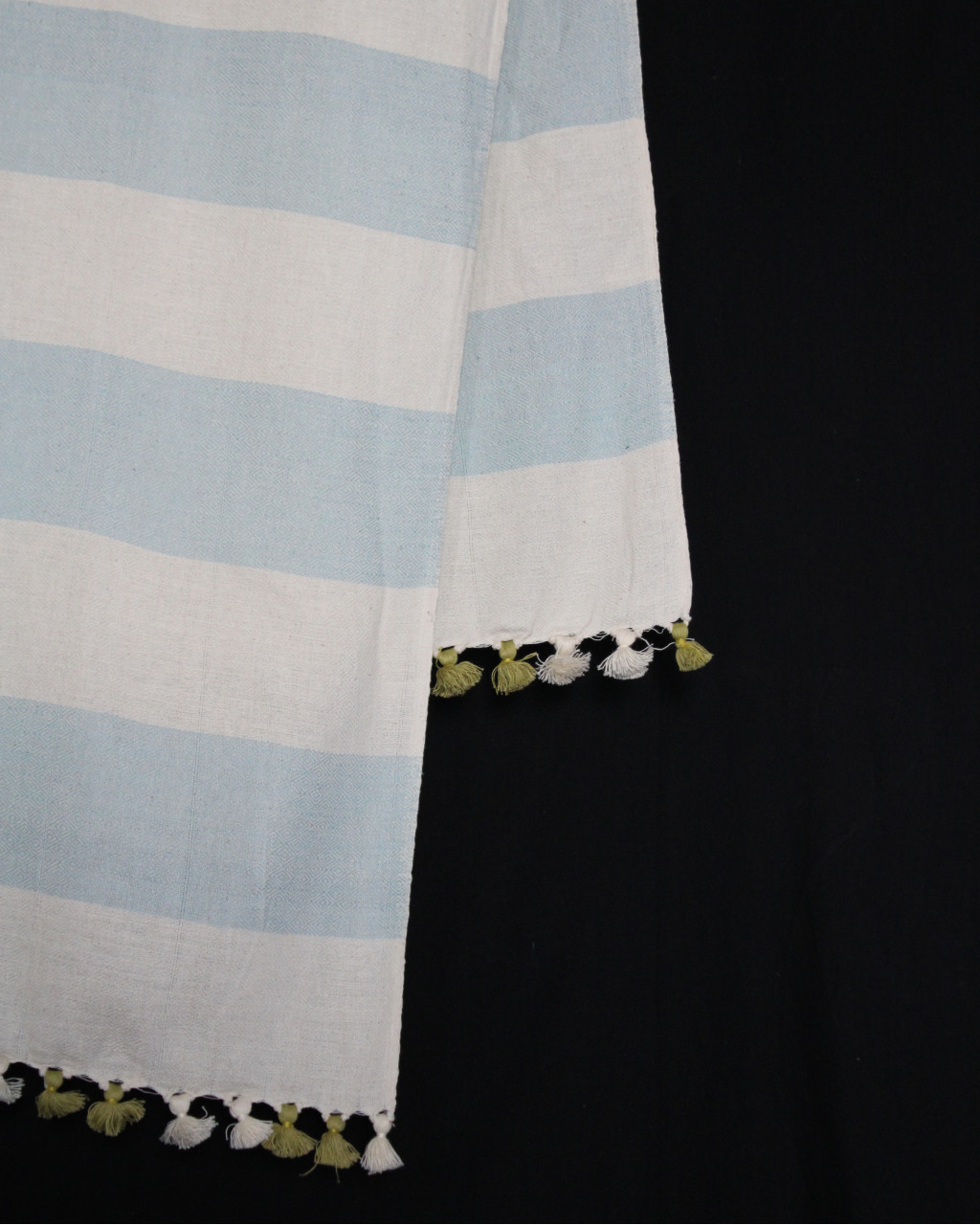 (1297) Cotton Azo-free dyed throw from Maheshwar - Sky blue, white, stripes, pompoms