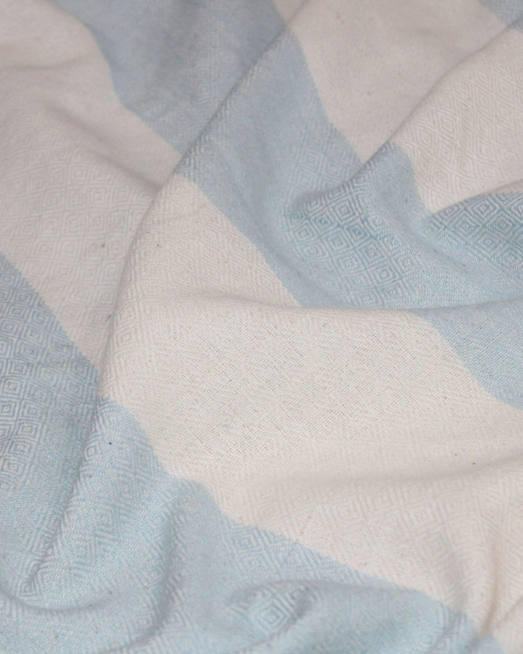 (1297) Cotton Azo-free dyed throw from Maheshwar - Sky blue, white, stripes, pompoms