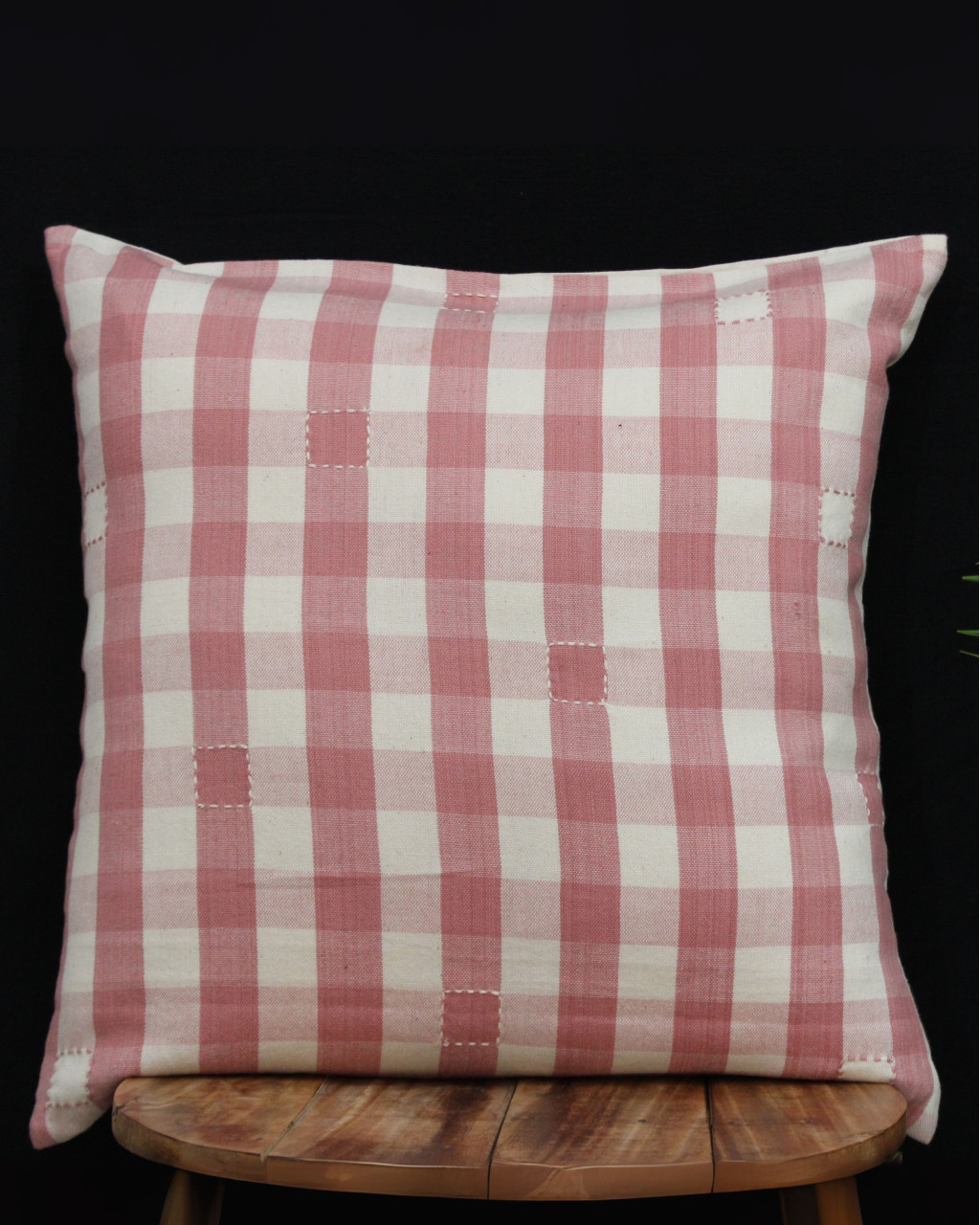 (1306) Cotton Azo-free dyed cushion cover from Maheshwar - Baby pink, white, checks