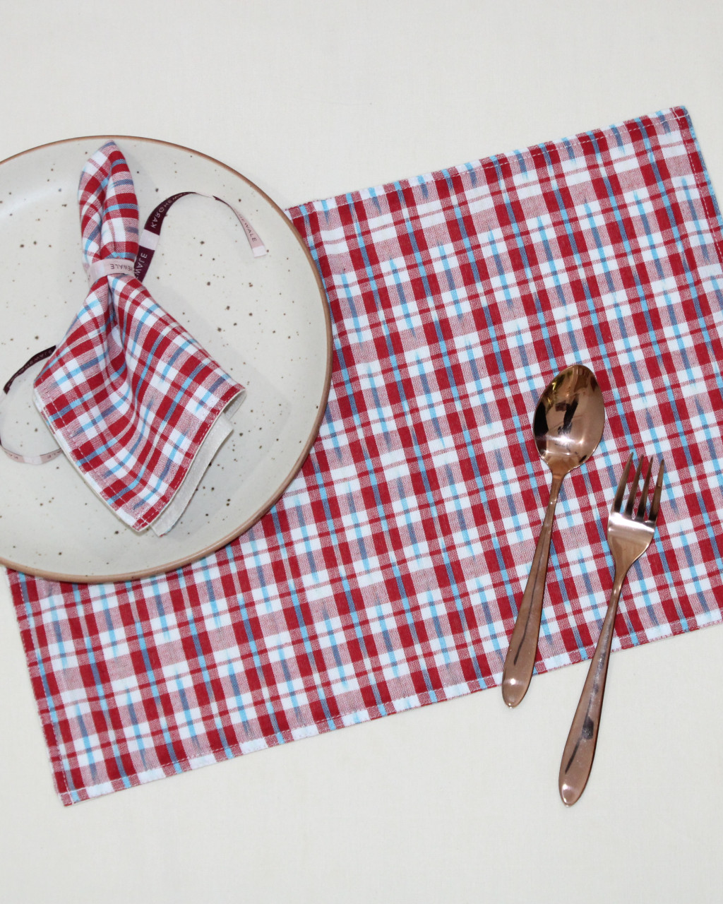 (1311) Cotton Azo-free dyed place mat from Maheshwar - Red, white, checks, sky blue