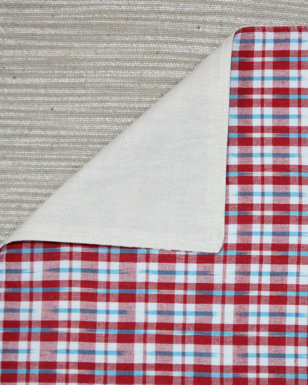 (1311) Cotton Azo-free dyed place mat from Maheshwar - Red, white, checks, sky blue