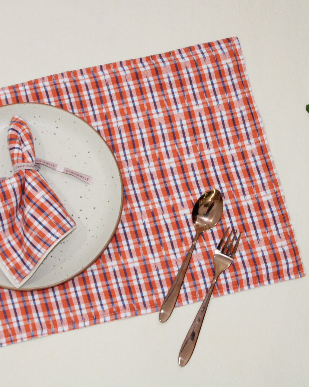 (1321) Cotton Azo-free dyed place mat from Maheshwar - Orange, white, indigo, checks
