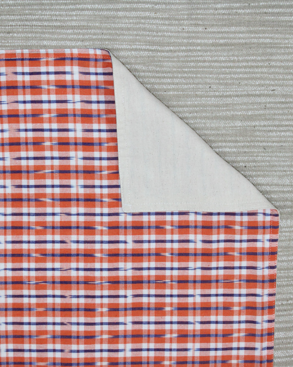 (1321) Cotton Azo-free dyed place mat from Maheshwar - Orange, white, indigo, checks
