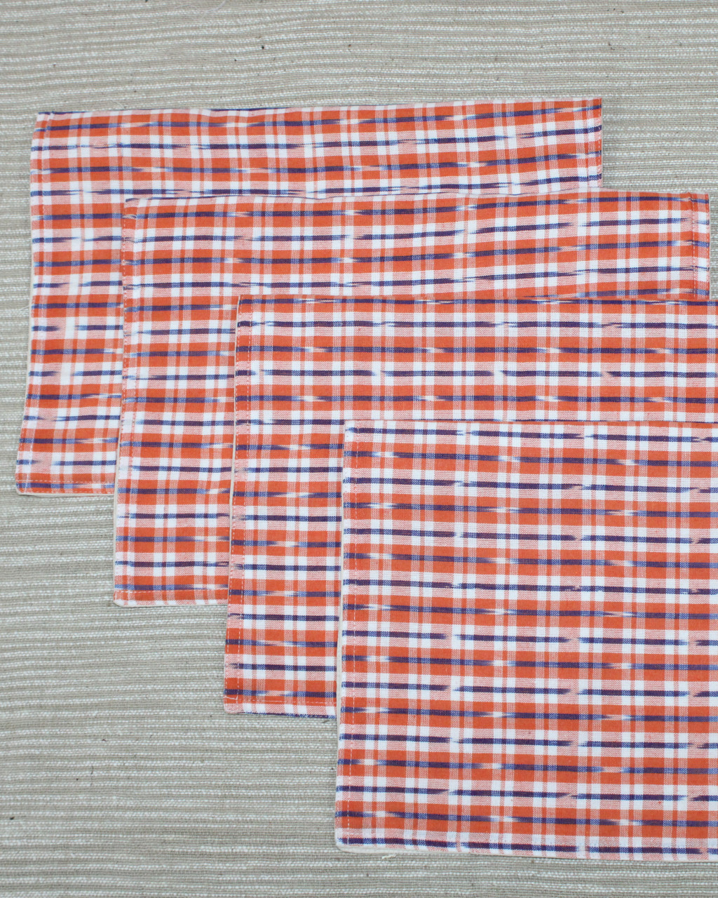 (1321) Cotton Azo-free dyed place mat from Maheshwar - Orange, white, indigo, checks