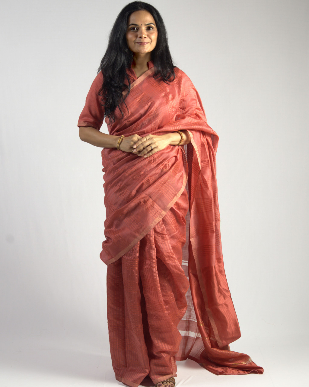 (1504) Mulberry silk, zari and cotton (mercerised) Azo-free dyed Contemporary sari from Maheshwar - Dark peach, peach, golden, stripes, checks, cherry red
