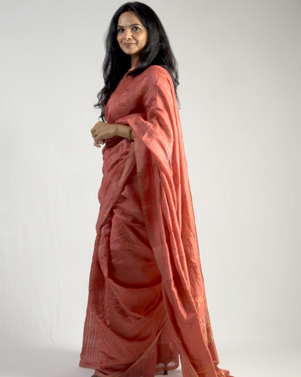 (1504) Mulberry silk, zari and cotton (mercerised) Azo-free dyed Contemporary sari from Maheshwar - Dark peach, peach, golden, stripes, checks, cherry red