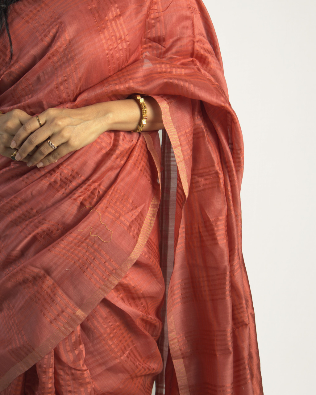 (1504) Mulberry silk, zari and cotton (mercerised) Azo-free dyed Contemporary sari from Maheshwar - Dark peach, peach, golden, stripes, checks, cherry red