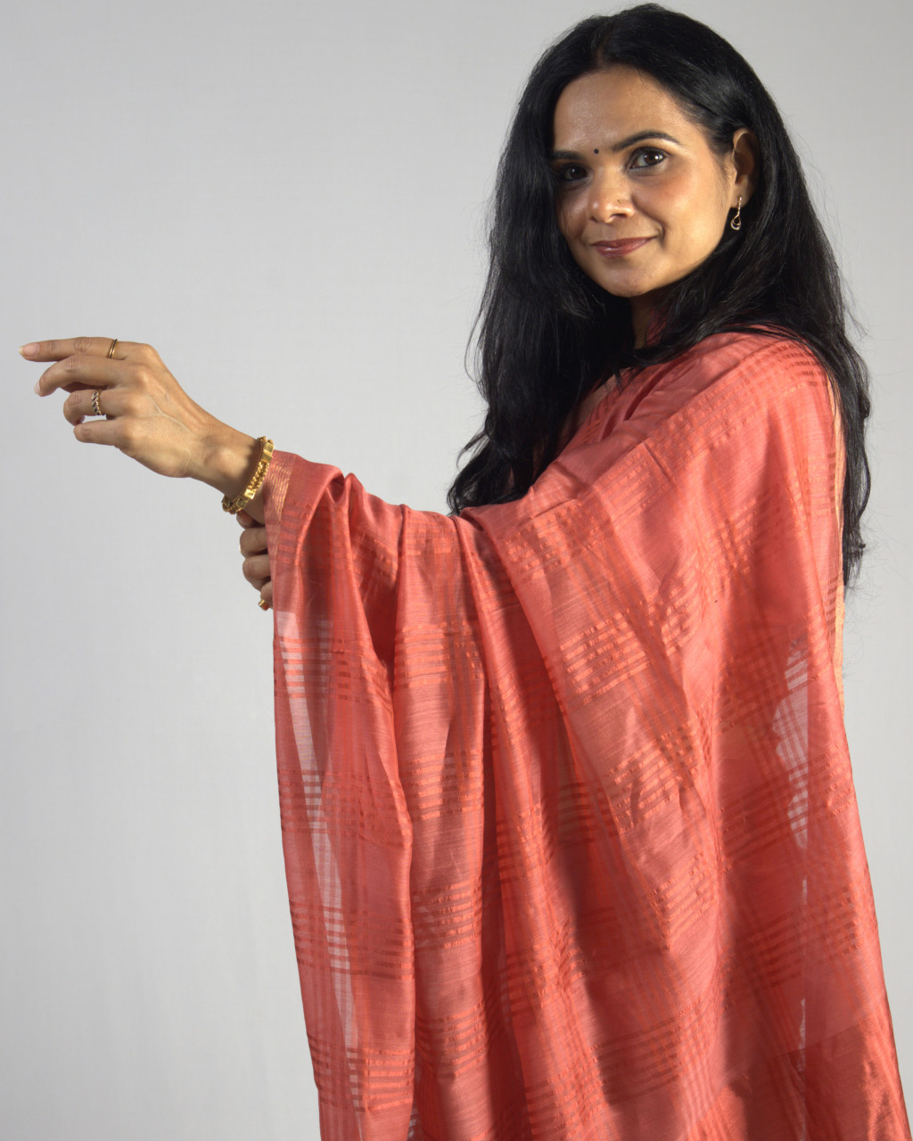 (1504) Mulberry silk, zari and cotton (mercerised) Azo-free dyed Contemporary sari from Maheshwar - Dark peach, peach, golden, stripes, checks, cherry red