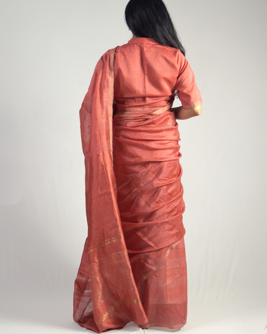 (1504) Mulberry silk, zari and cotton (mercerised) Azo-free dyed Contemporary sari from Maheshwar - Dark peach, peach, golden, stripes, checks, cherry red
