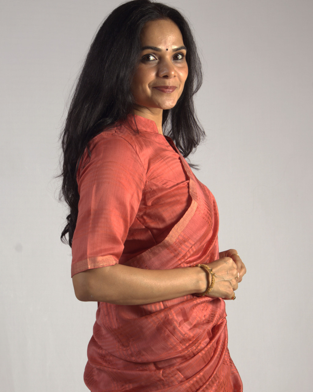 (1504) Mulberry silk, zari and cotton (mercerised) Azo-free dyed Contemporary sari from Maheshwar - Dark peach, peach, golden, stripes, checks, cherry red