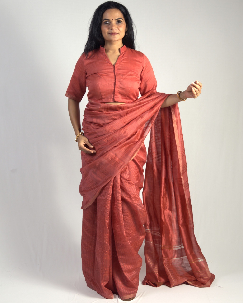 (1504) Mulberry silk, zari and cotton (mercerised) Azo-free dyed Contemporary sari from Maheshwar - Dark peach, peach, golden, stripes, checks, cherry red