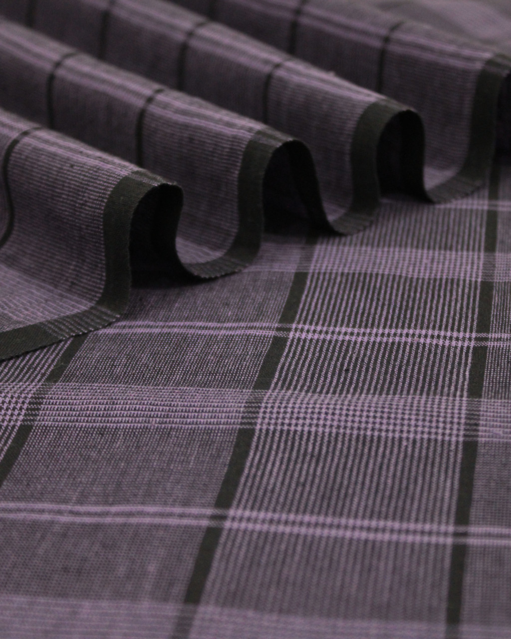 (1528) Cotton Azo-free dyed yardage from Maheshwar - Purple, black, vertical stripes, horizontal stripes, checks