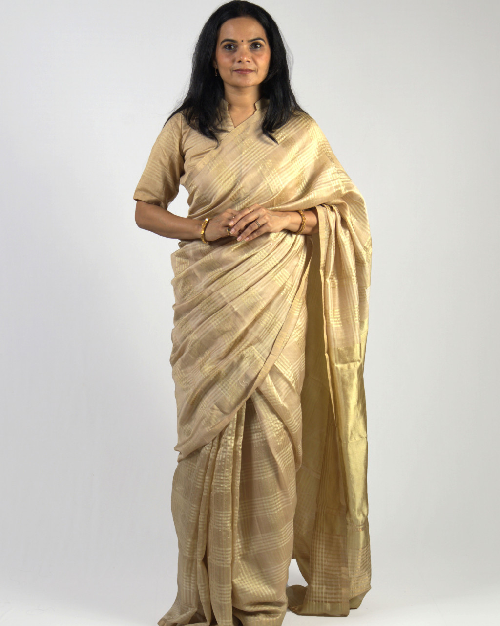 (1532) Mulberry silk, zari and cotton Azo-free dyed Contemporary sari from Maheshwar - Golden, beige, cream, checks, stripes