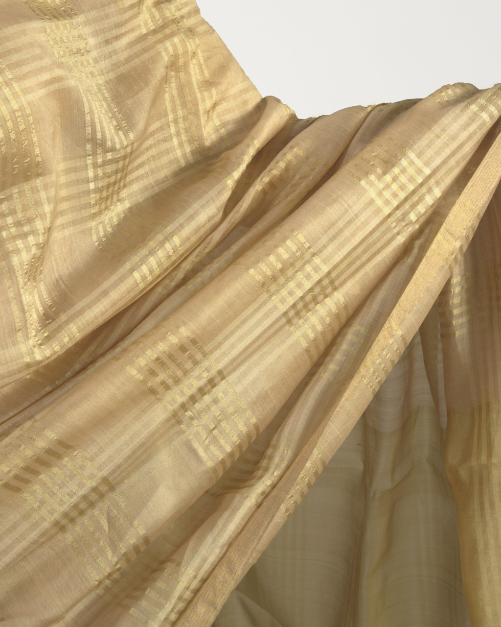 (1532) Mulberry silk, zari and cotton Azo-free dyed Contemporary sari from Maheshwar - Golden, beige, cream, checks, stripes