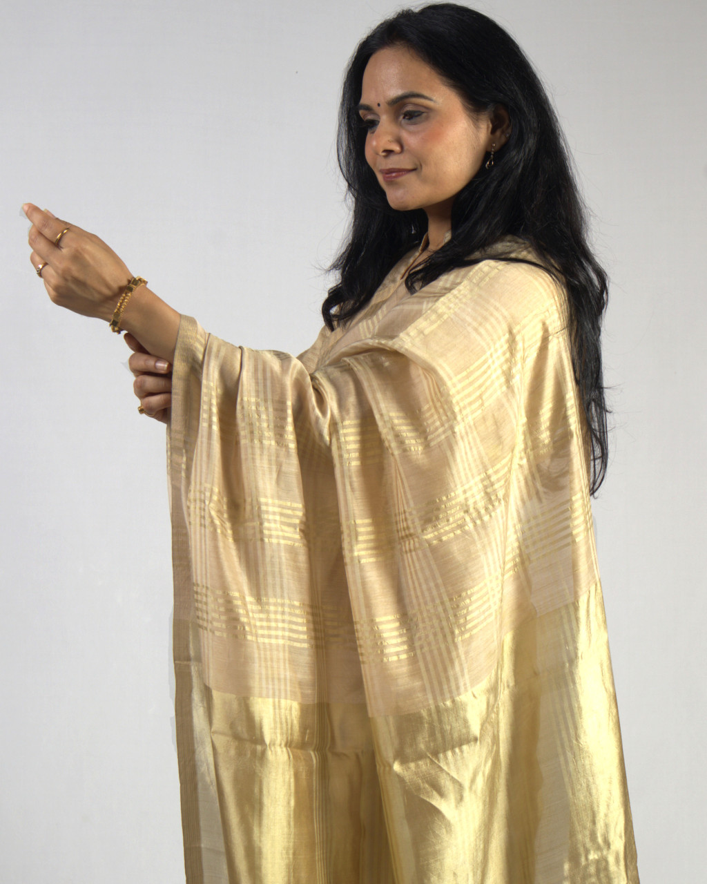 (1532) Mulberry silk, zari and cotton Azo-free dyed Contemporary sari from Maheshwar - Golden, beige, cream, checks, stripes