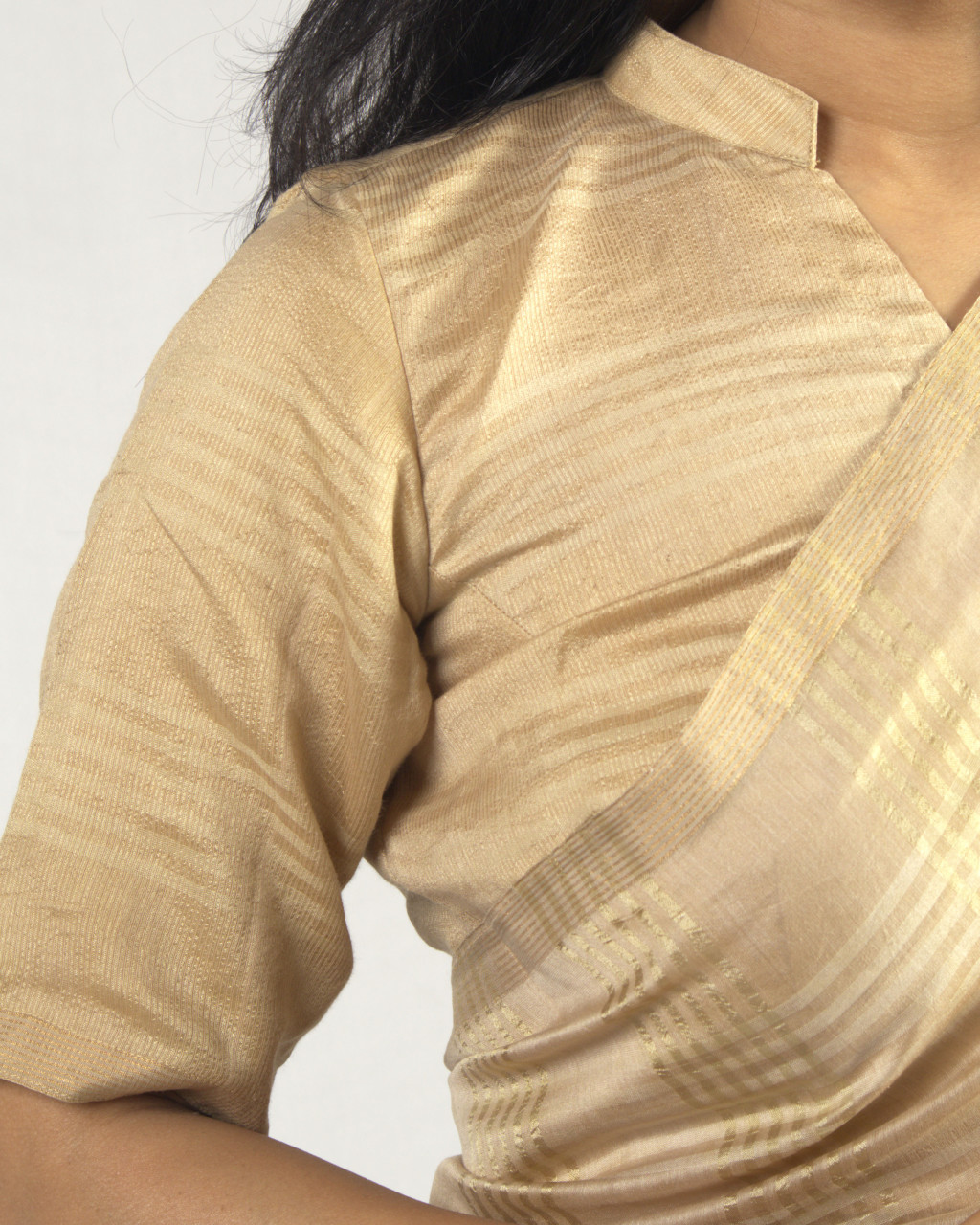 (1532) Mulberry silk, zari and cotton Azo-free dyed Contemporary sari from Maheshwar - Golden, beige, cream, checks, stripes