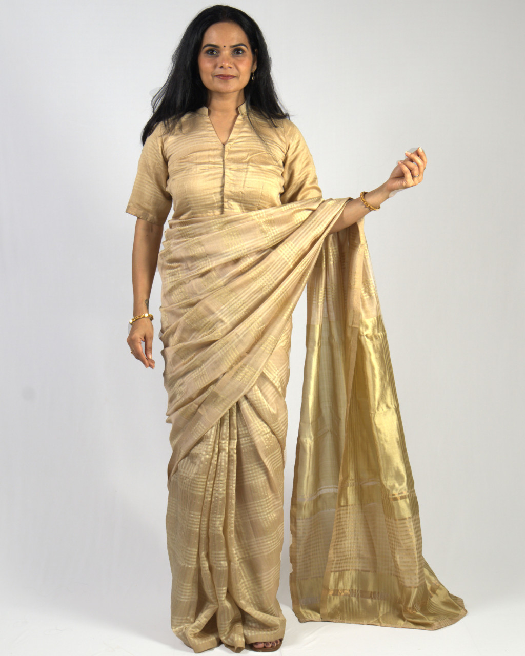 (1532) Mulberry silk, zari and cotton Azo-free dyed Contemporary sari from Maheshwar - Golden, beige, cream, checks, stripes