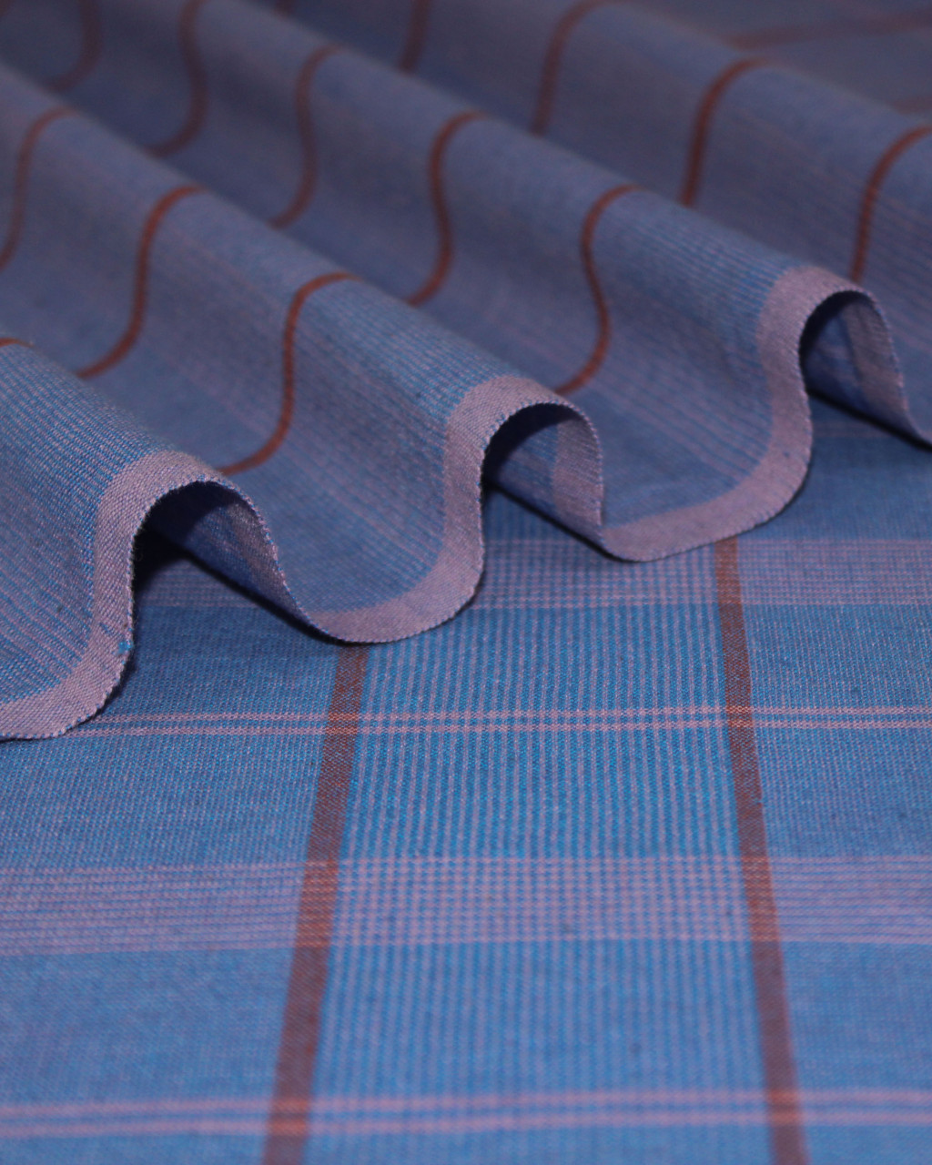 (1568) Cotton Azo-free dyed yardage from Maheshwar - Purple, blue, red, vertical stripes, horizontal stripes, checks