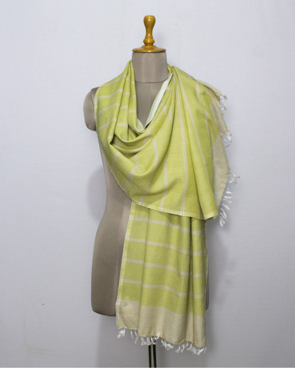 (1597) Cotton Azo-free dyed stole from Maheshwar - White, mustard, stripes, piped fringes