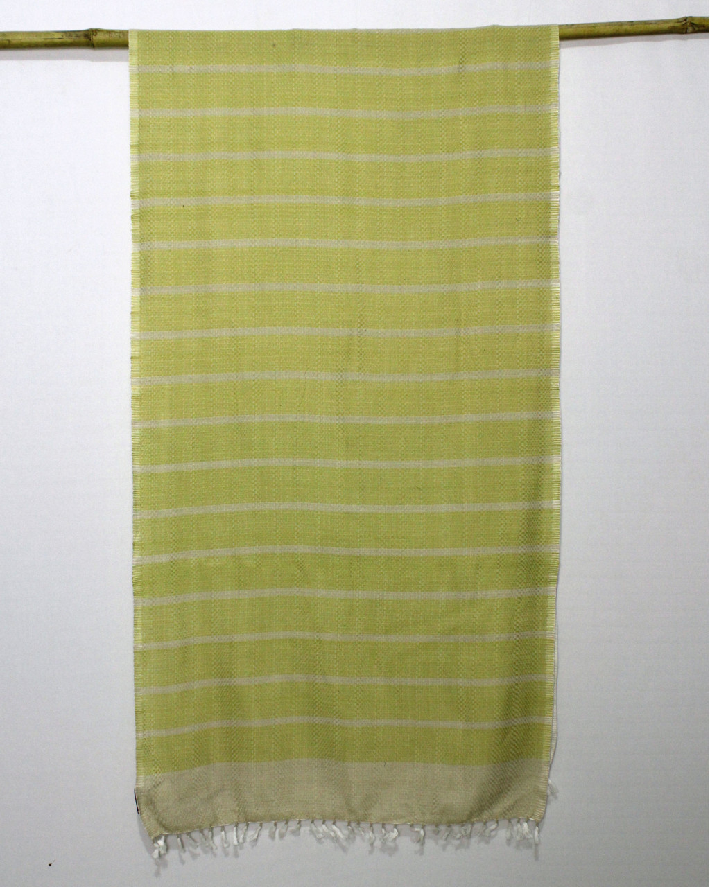 (1597) Cotton Azo-free dyed stole from Maheshwar - White, mustard, stripes, piped fringes