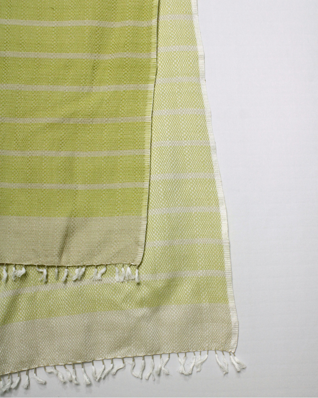 (1597) Cotton Azo-free dyed stole from Maheshwar - White, mustard, stripes, piped fringes