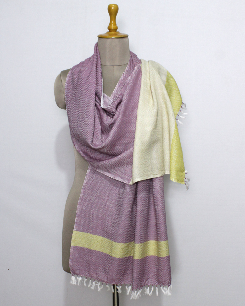 (1598) Cotton Azo-free dyed stole from Maheshwar - Purple, white, mustard, stripes, piped fringes