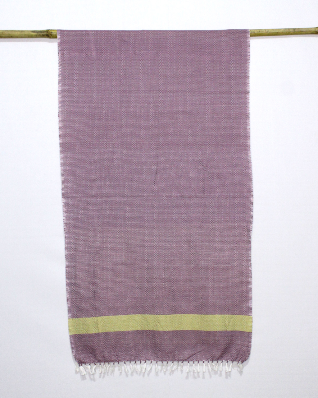 (1598) Cotton Azo-free dyed stole from Maheshwar - Purple, white, mustard, stripes, piped fringes